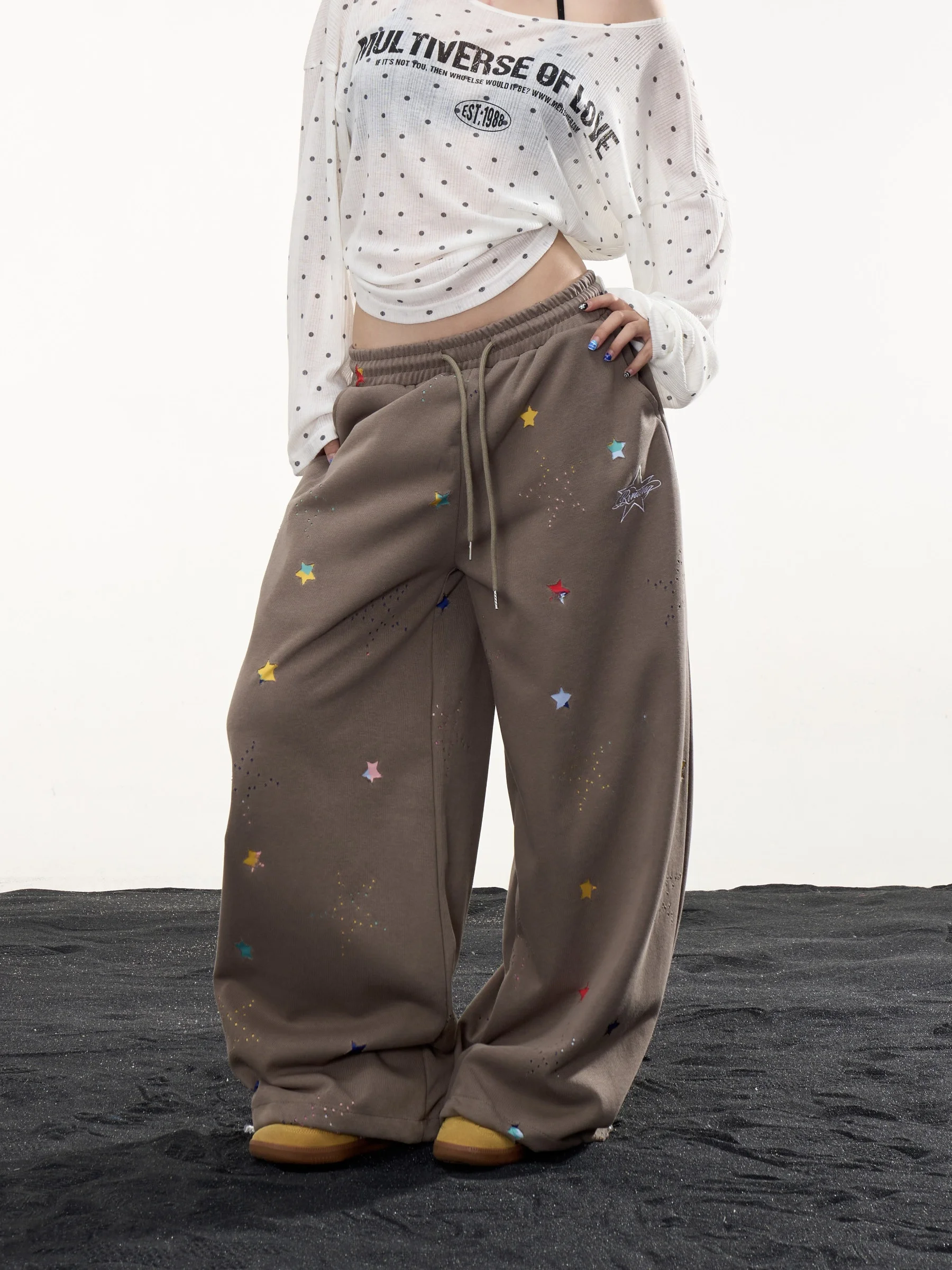 American Retro Star Print Wide Leg Pants Women Loose Lazy Draping Knife Pants Straight Casual Long Trousers Cotton Blend