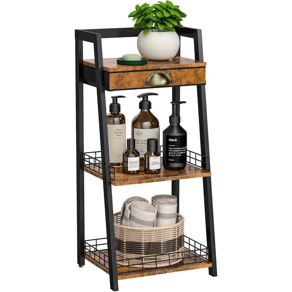 

3-Tier Bathroom Ladder Shelf, Bathroom Floor Storage Shelf with Drawer, Freestanding Tower Shelf, Open Shelving Unitfor Bathroom