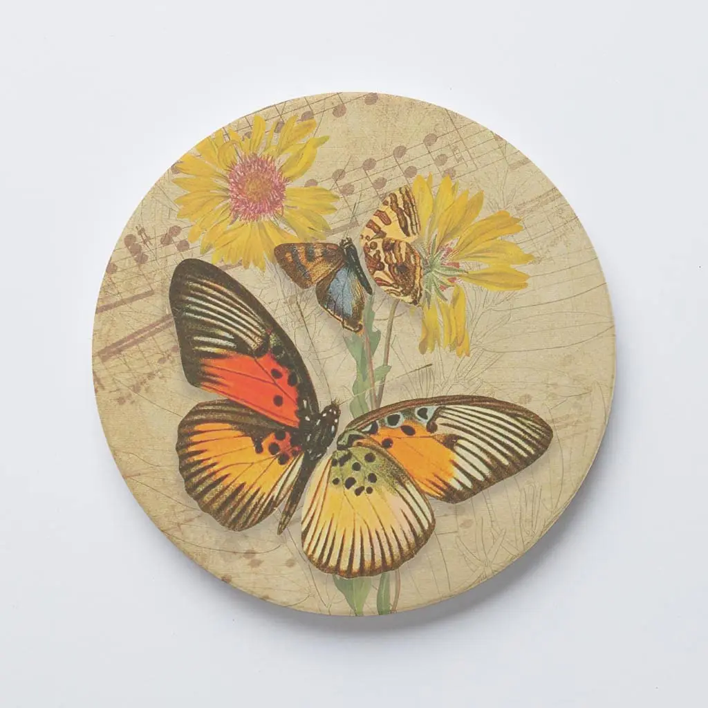 Vintage Yellow Butterfly Ceramic Drink Coaster with Cork Back, Circle Coaster, Protects Tabletop for Mugs, Great Gift for Friend
