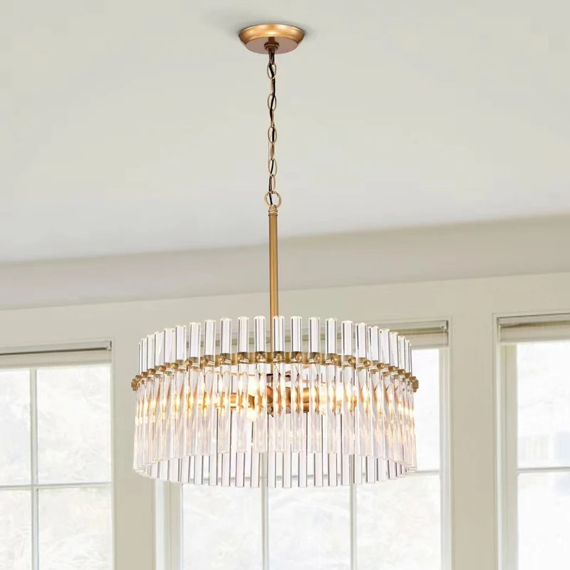 Contemporary Cylinder 5-light Brushed Brass Finish Crystal Glass Chandelier Modern Pendant Light