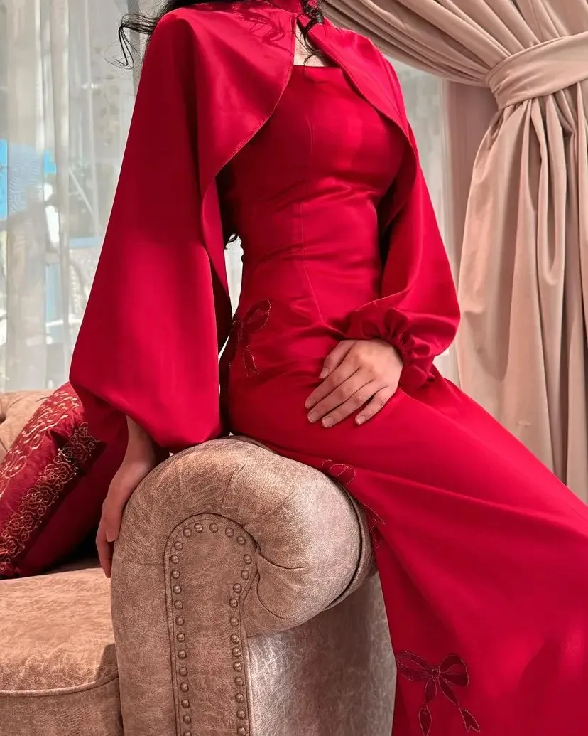 

Vintage Long Sleeves Prom Dresses Strapless Ankle Length Pleated Red Party Gowns Evening Dresses