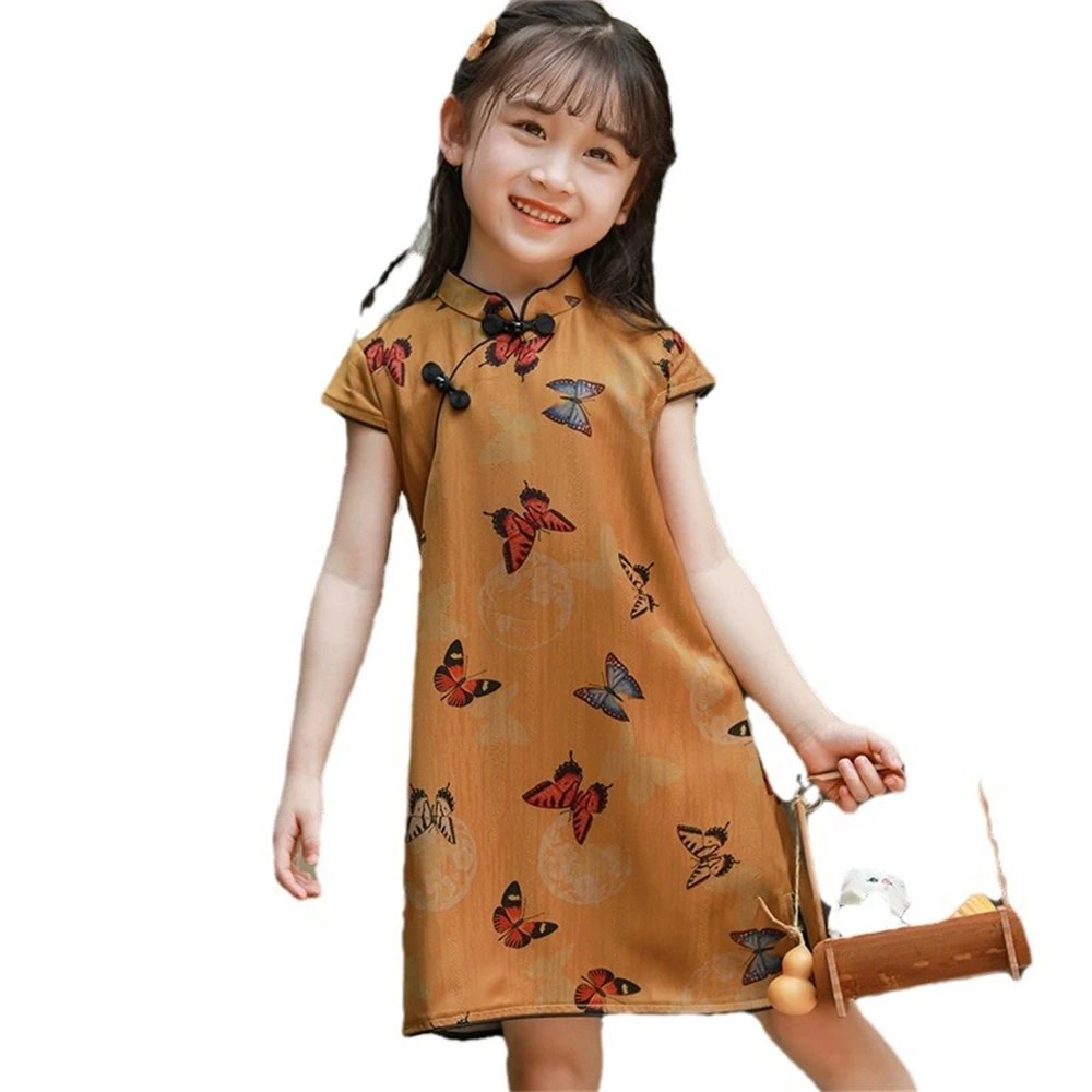 

Children's Thin Qipao Summer New Chinese Style Butterfly Printed Hanfu Dress Little Girl Improved Cute Retro Cheongsam Vestidos