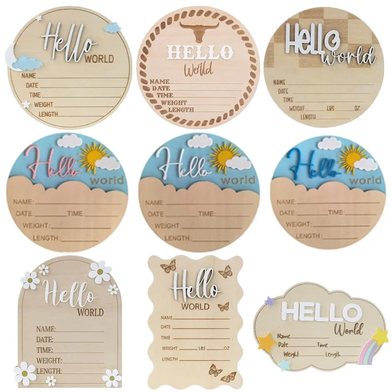 

1pc Wooden Baby Milestone Card Hello World Sign Newborn Birth Announcement Card Baby Growth Footprint Recording Photo Card