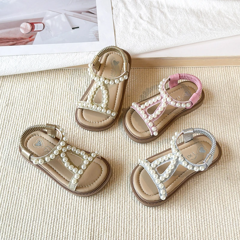 

Mumoresip Girls Princess Pearl Sandals Sequins Chic Outdoor Kids Beach Shoes Open-toe Breathable Children Slip-on School Sandals