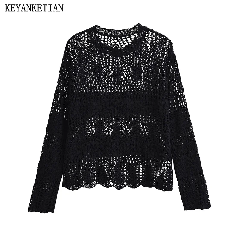 

KEYANKETIAN Autumn New Women's Soft Touch Hollowed-Out Crochet Lace Pullover Boho O-Neck Long Sleeve Black Short Knit Top Thin