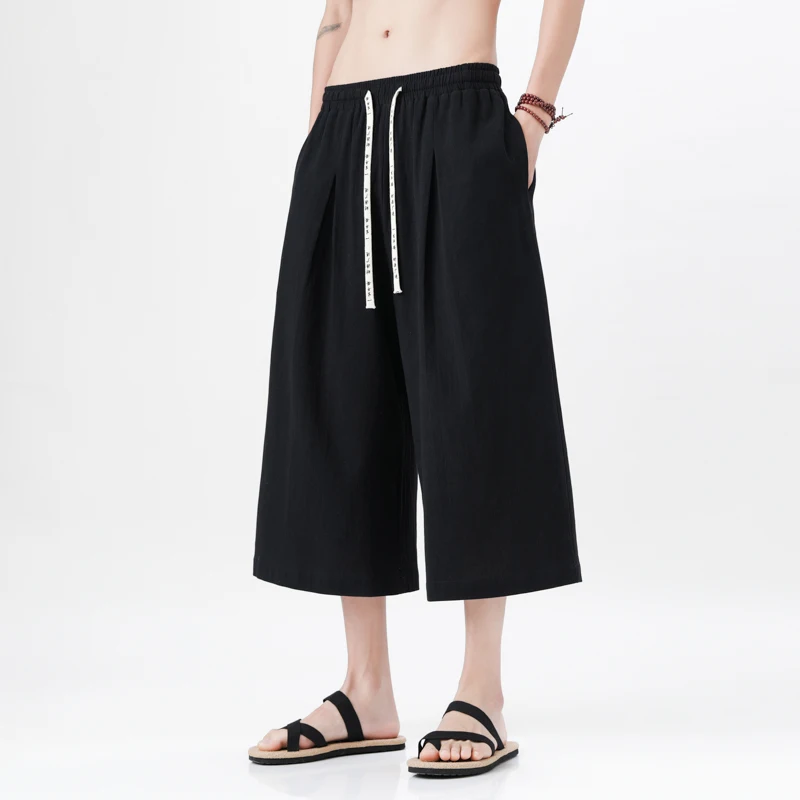 

2024 Plus Men Cotton Linen Baggy Wide Leg Pants Men Hanging Crotch Hip Hop Bloomers Pants Men's Calf-Length Cross Pants Trousers