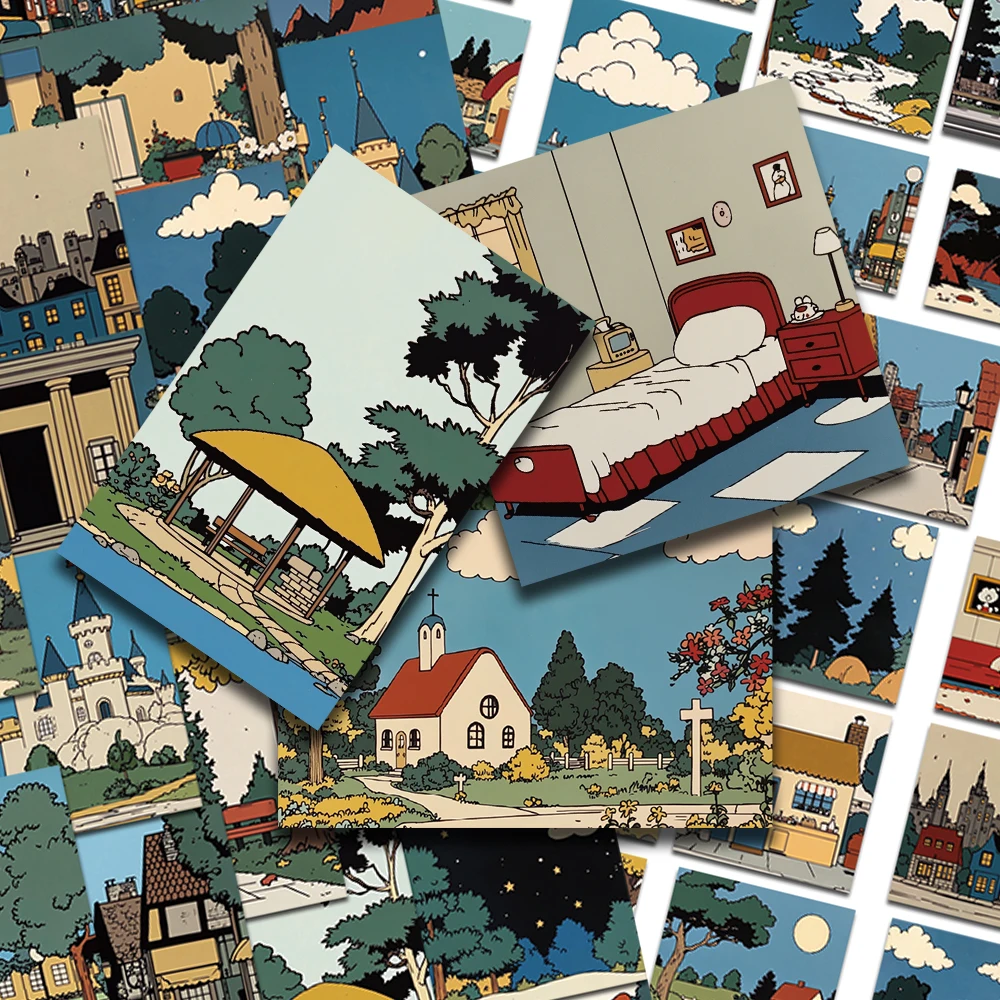 50pcs Retro Cartoon Scenery Stickers Decals For Phone Laptop Scrapbook Refrigerator Wall DIY Aesthetic Waterproof Stickers