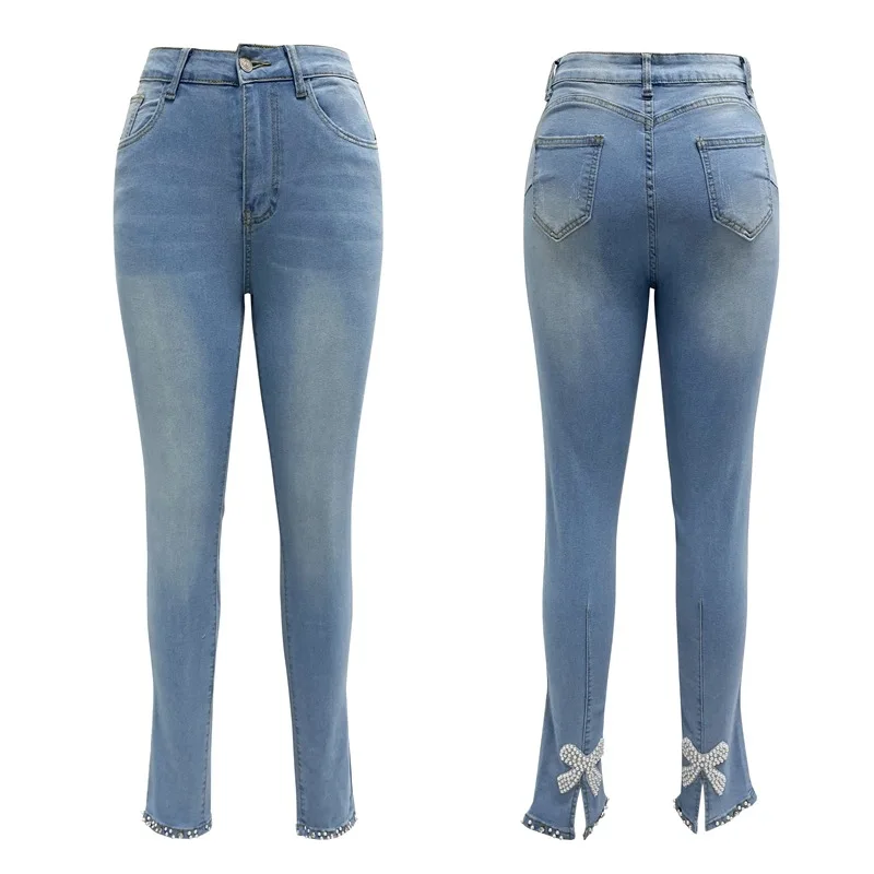 Women Slim-fit Jeans Thin Butterfly Sticky Flower Beads Split-ended Denim Jeans Pants Trousers Leggings