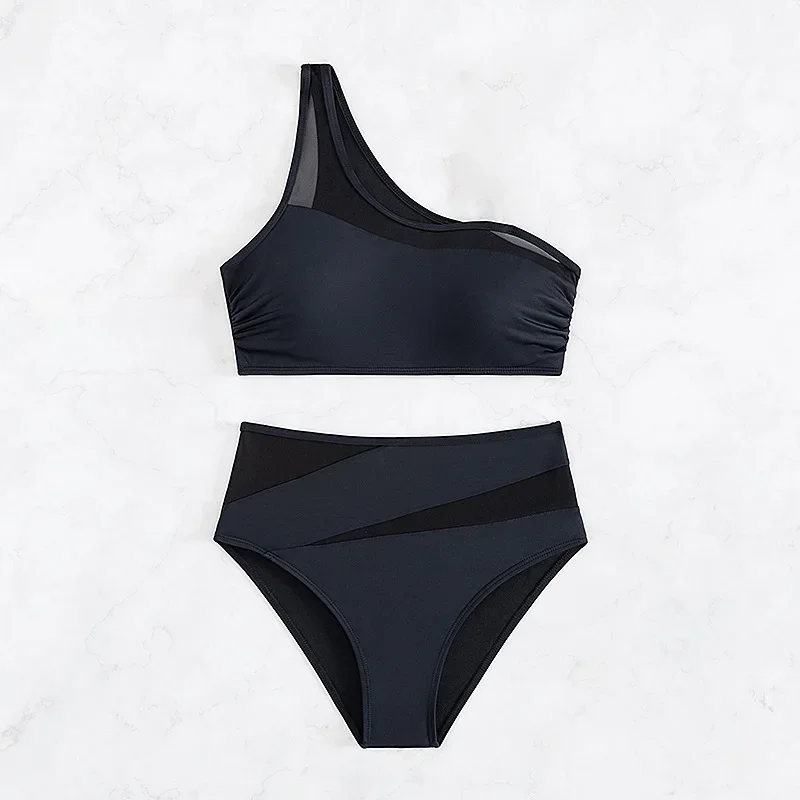 

Sexy Black Bikini 2025 Women Swimsuit Two Piece Swimwear High Waist Bikinis Set One Shoulder Bathing Suits Brazilian Biquini