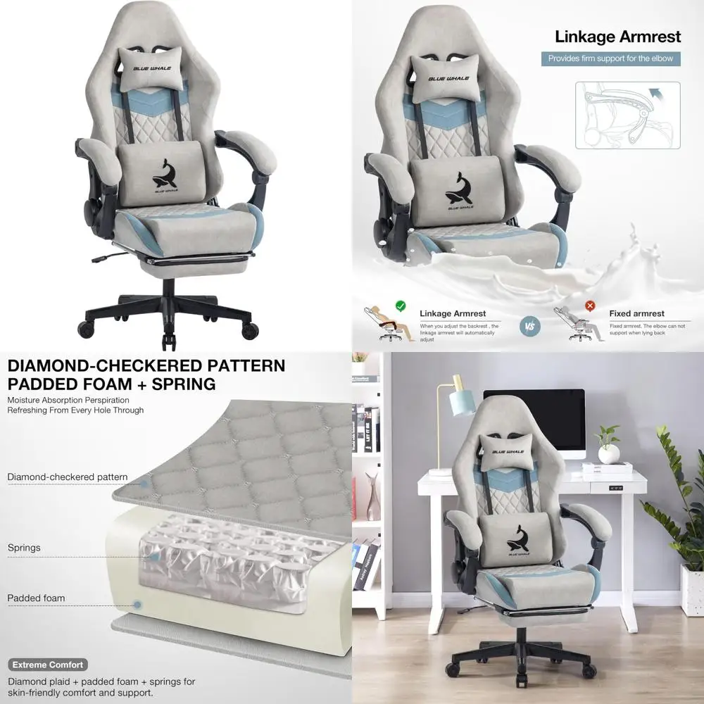 كرسي ألعاب مريح كبير وطويل للبالغين حتى 500 رطل، دعم قطني قابل للتعديل، مسند للرأس، ومسند للقدمين، مريح