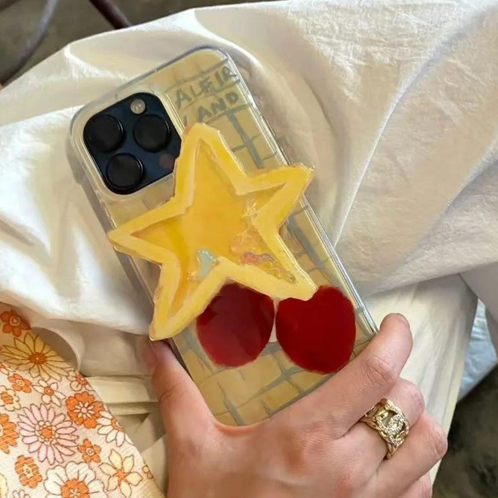 

Чехол для телефона INS в клетку с вишневым принтом для iphone 16, 15, 14, 13, 12, 11, 8, 7 X XS XR Mini Pro Max Plus, защитный чехол со звездообразным держателем