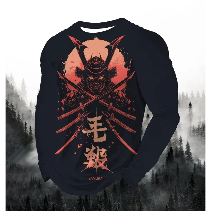 Samurai Schwert Ninja Muster T-Shirt Für Männer Krieger Helm 3D Gedruckt T Shirts Herbst Beiläufige Lose Oansatz Tops Tees Lange Ärmel