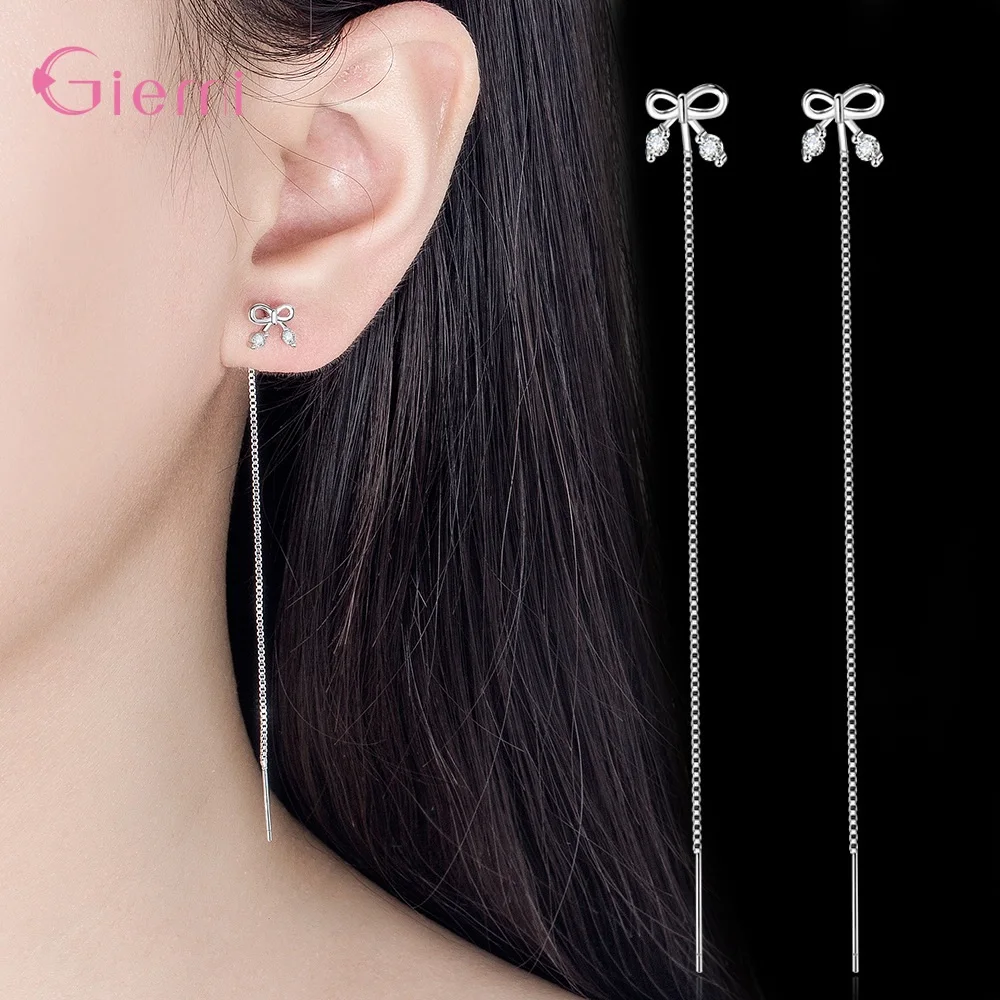 Bowknot Pattern Long Tassel Earrings Genuine 925 Sterling Silver  Drop Earrings Gift For Women Fine Original Jewelry