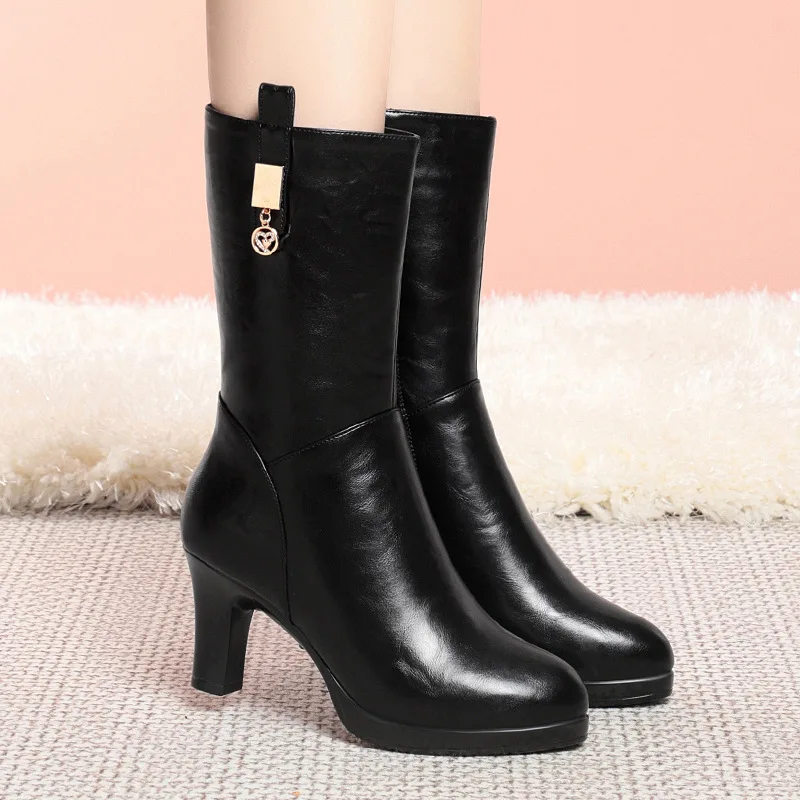 

Pop Sweet Women Long Boots Round Toe Chunky Heels 7cm Platform 1.5cm Decoration Big Size 35-41 Fashion Bota Warm Thicken Women B