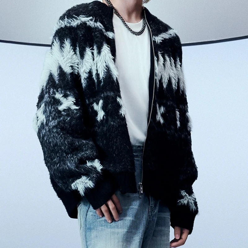 

Свитер из мохера Fair Island, мужской трикотаж, кардиган на молнии, геометрический дизайн с цветными блоками, кардиган, пальто, осенне-зимний свитер, мужской