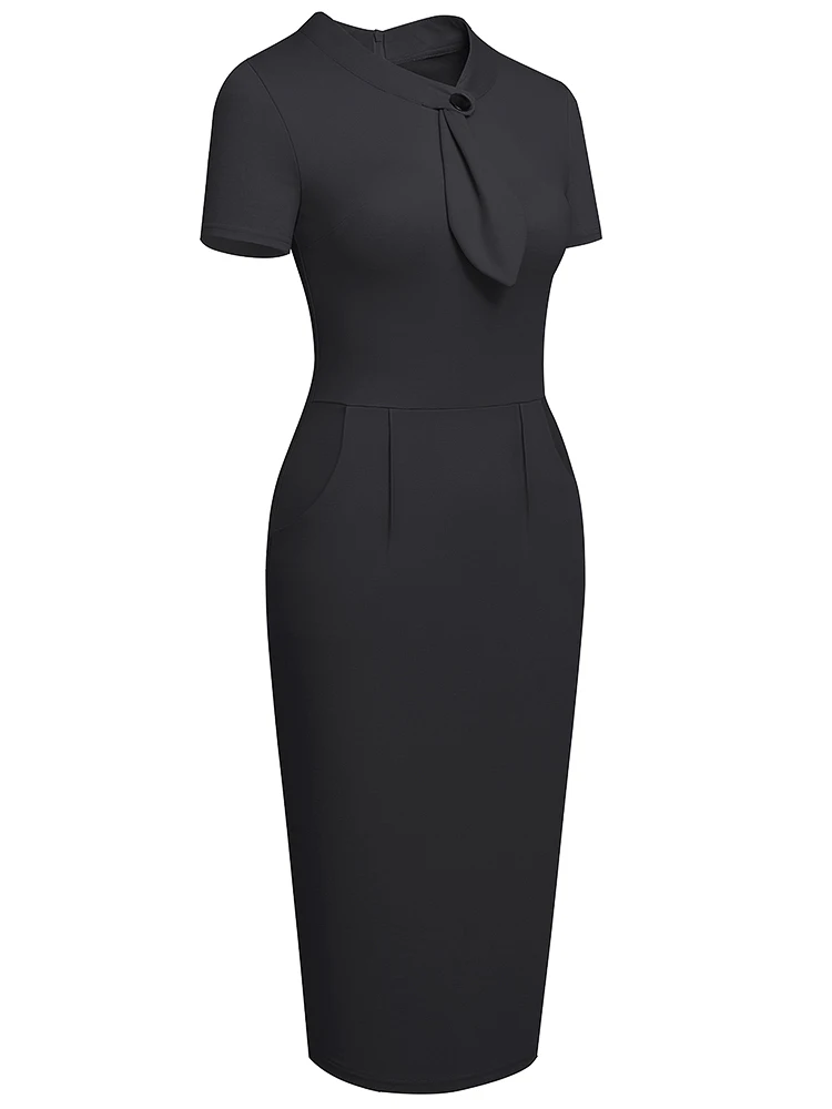 Nice-forever Spring Women Classy Solid Color Dresses Business Office Elegant Vintage Bodycon Slim Dress btyB667