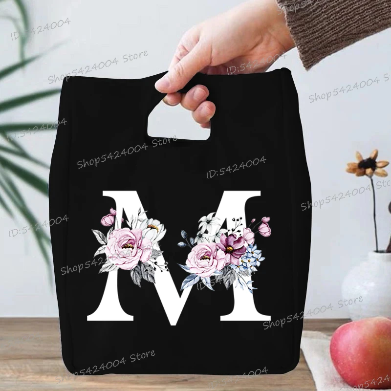 26 Initials Flower Pattern Canvas Lunch Bag Women Letters M Floral Monogram Retro Design Picnic Food Bags Teens Insulation Bags