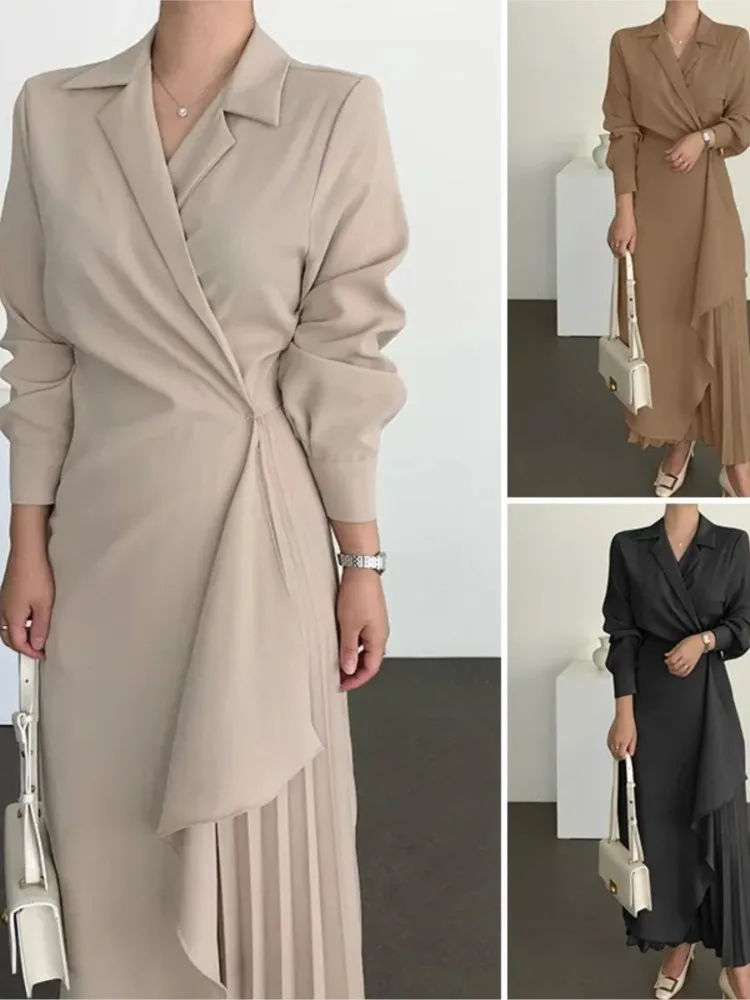 New 2025 Spring Autumn Elegant Women's Formal Business Party Shirt Dress Fashion Vintage Solid High Waist Pleated Maxi Dress
