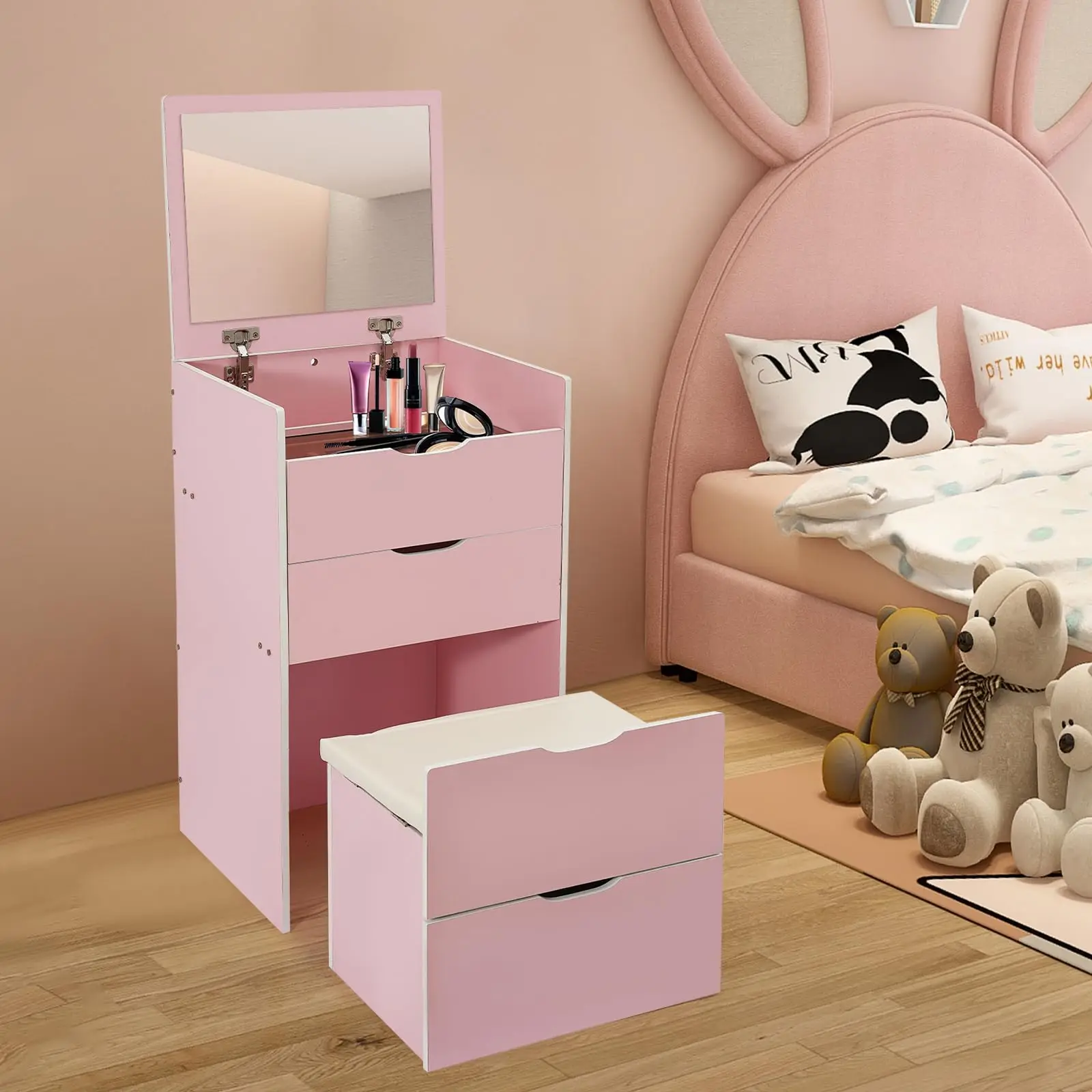 مكتب زينة 3 في 1 مع مرآة قابلة للطي ومقعد مخفي، مجموعة مكتب مكياج مدمجة مع 3 أدراج ومقعد مبطن