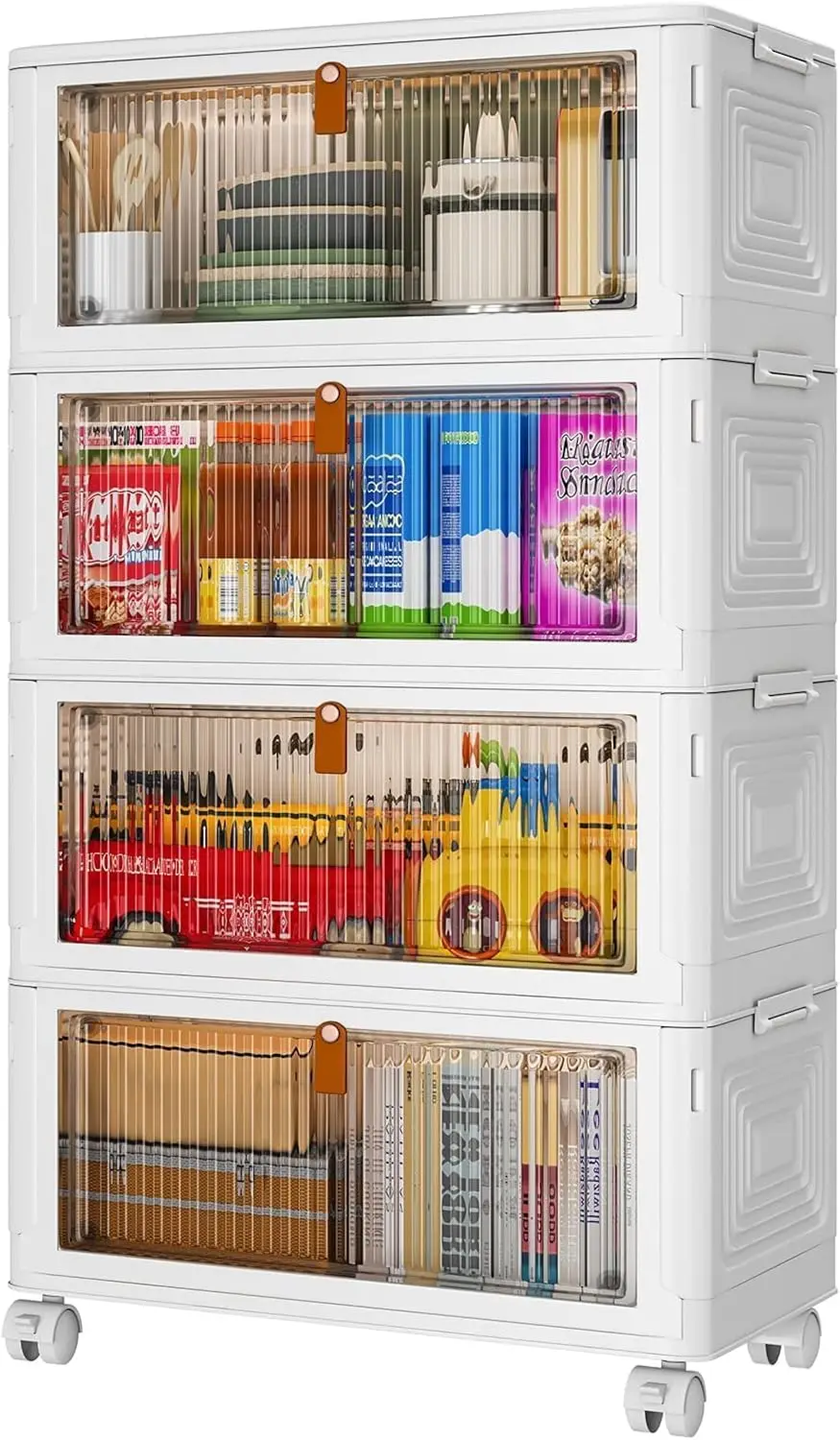 Caixas de armazenamento de plástico empilháveis de 4 camadas com tampa e rodas, organizador dobrável para casa, escritório, dormitório