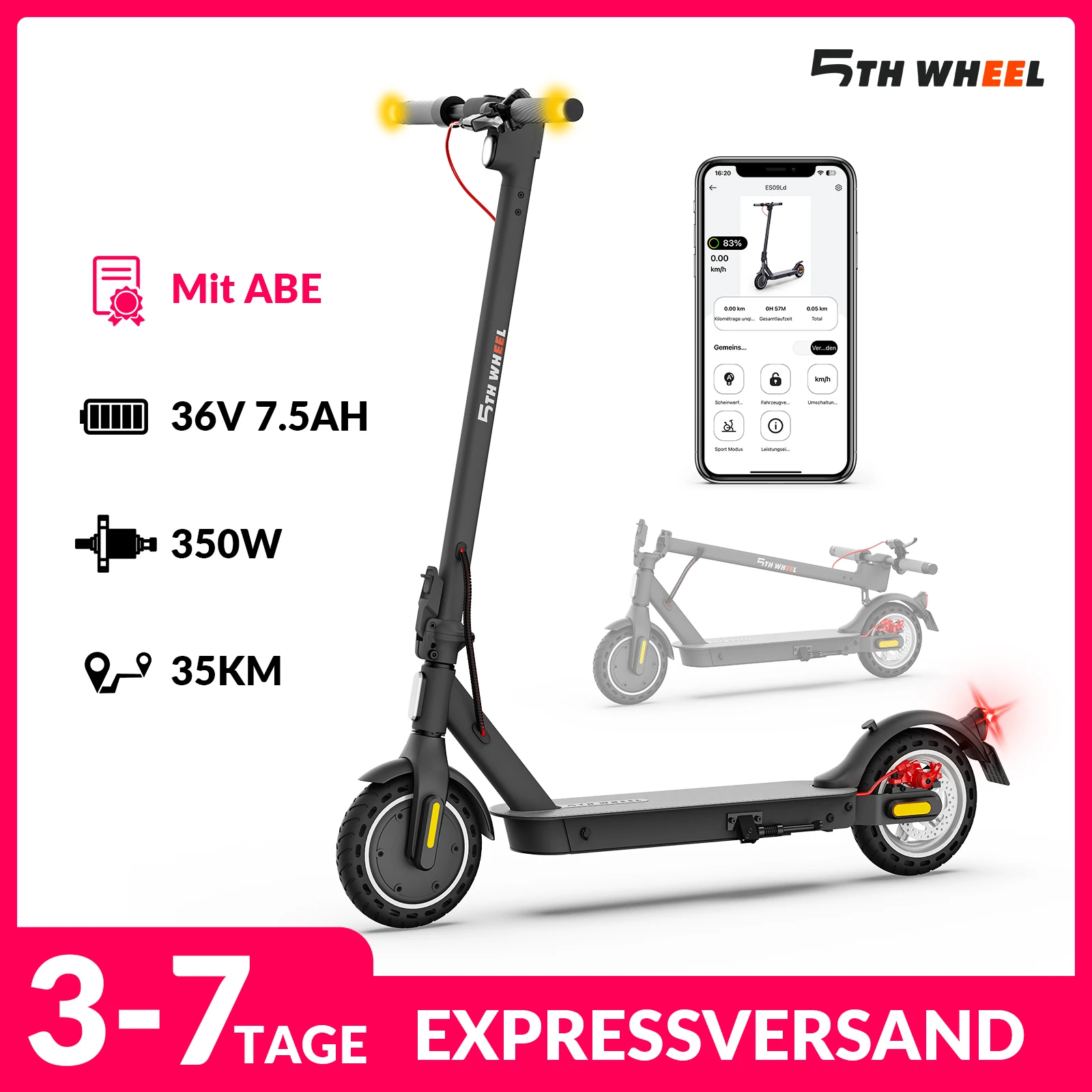 Image of 5TH WHEEL Elektroroller für Erwachsene, Straßenzugelassen mit ABE-Zertifizierung in Deutschland, 36V 7,5AH Akku, 350W Motor, 20km/h Geschwindigkeit, App-gesteuerter E-Scooter für den städtischen
