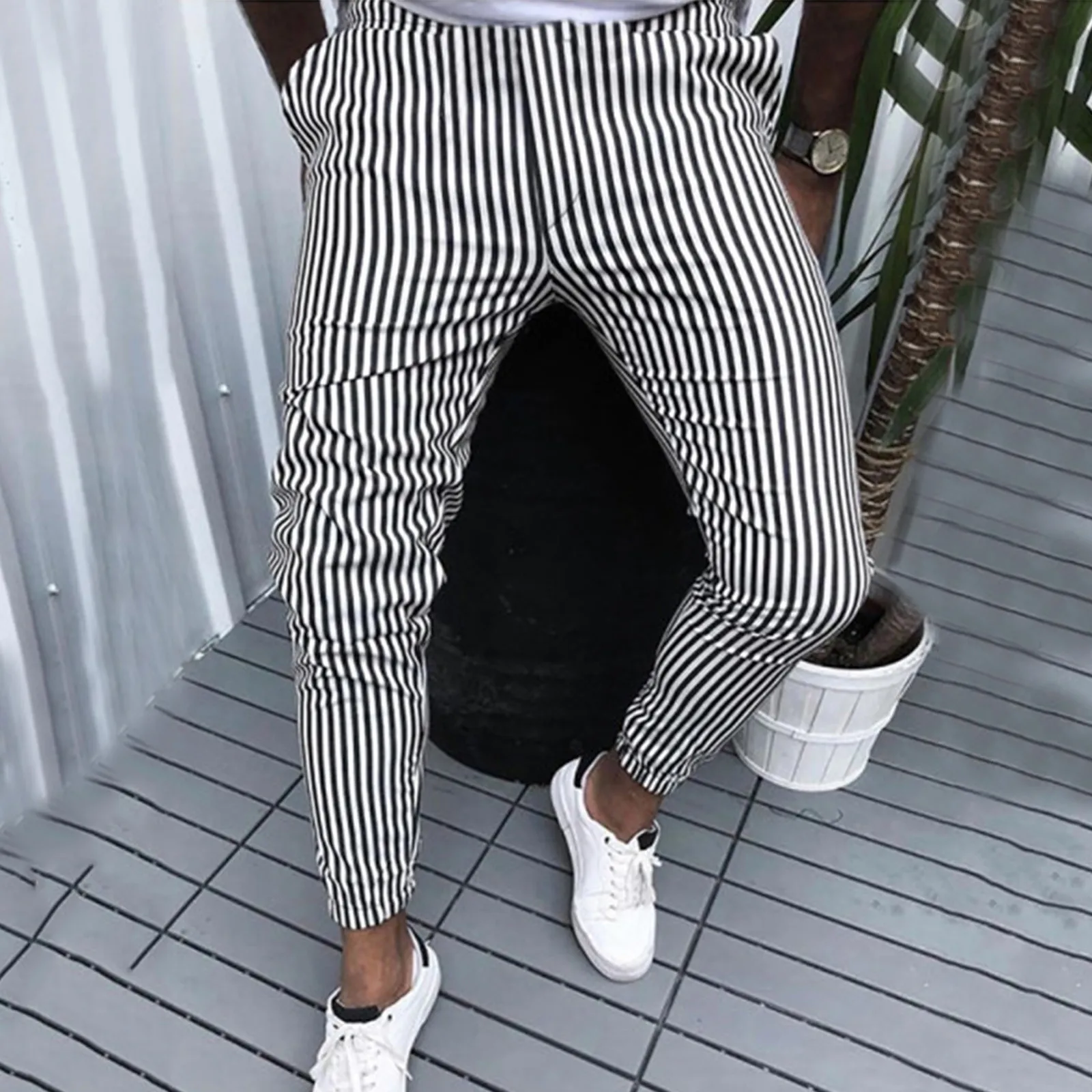 Striped Business Men\'S Pants Waist Trousers Striped Elastic Pants Men\'S Pencil Print Zipper Casual Men\'S Pants Mens Relaxed Fit