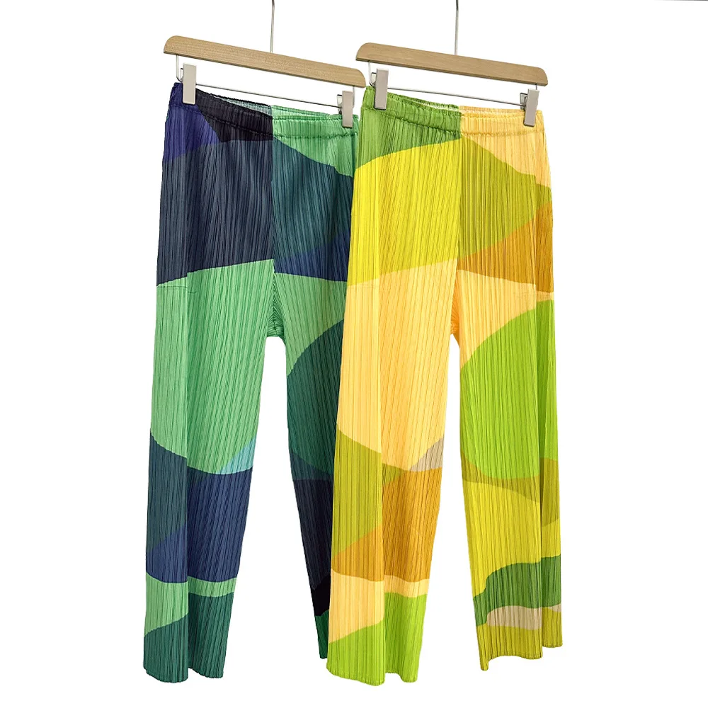 Fold Miyake Pleated Palazzo Trousers Women Wave Colorblock Elastic Waist 2026 Spring Summer Artistic Fashion Trendy Staple Item