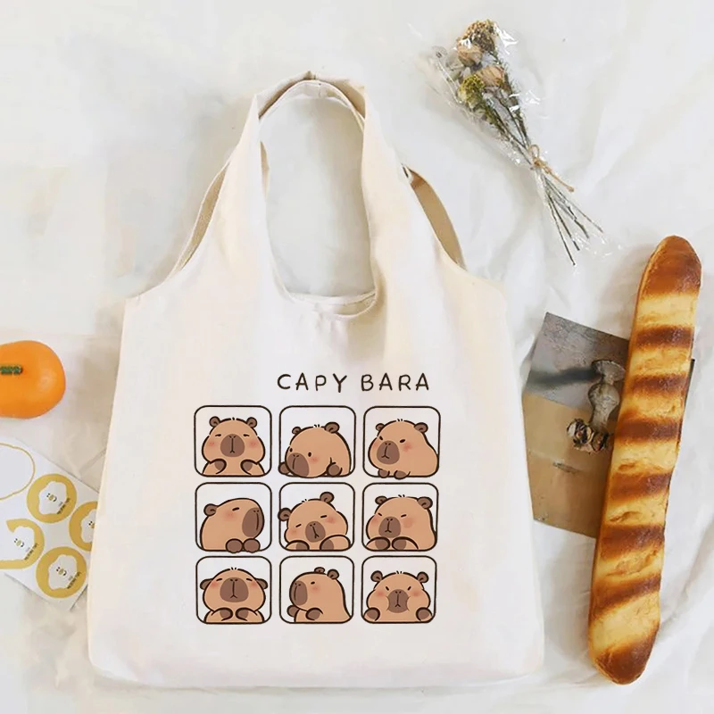 Cartoon Capybara Print White Canvas Tote Bag Organizer Women\'s Kawaii Eco Friendly Shopping HandBag Capybaras Cute Shoulder Bags