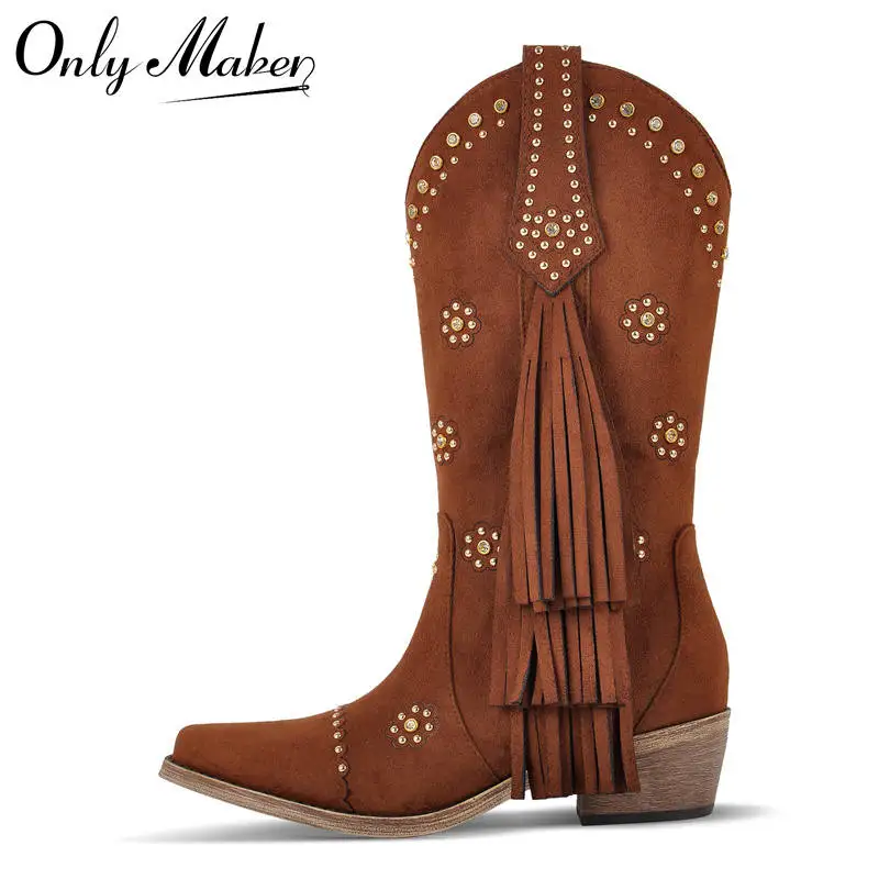 

Onlymaker Women Pointed Toe Fringe Pull On Retro Western Cowgirl Boots Fringed Chunky Heel Cowboy Boots