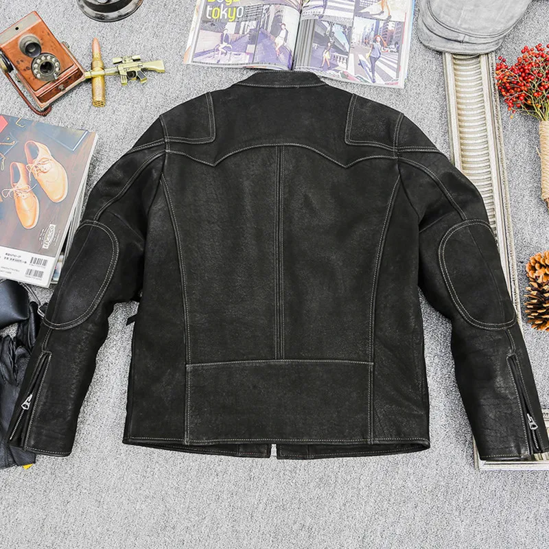 Black Spring Leather Jacket Men Sports Style Plus Size 4XL Genuine Natural Cow Suede Stand Collar Slim Fit Leather Coat