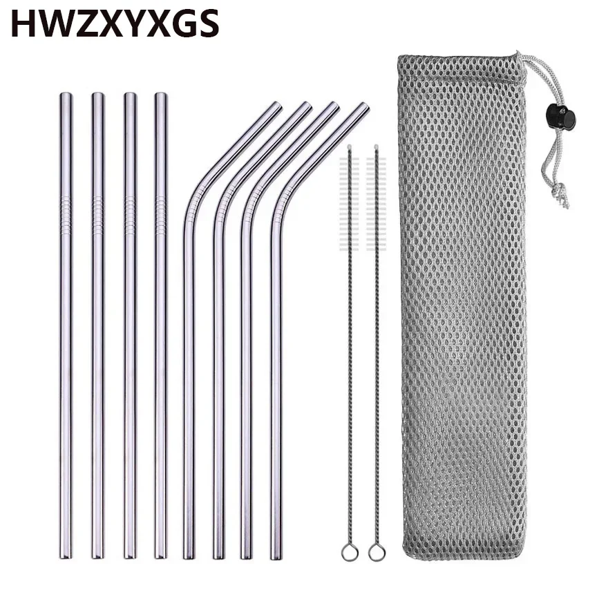 Reusable Drinking Straw 304 Stainless Steel Straws Straight Bent Metal Straw with Cleaner Brush Pouch Wholesale