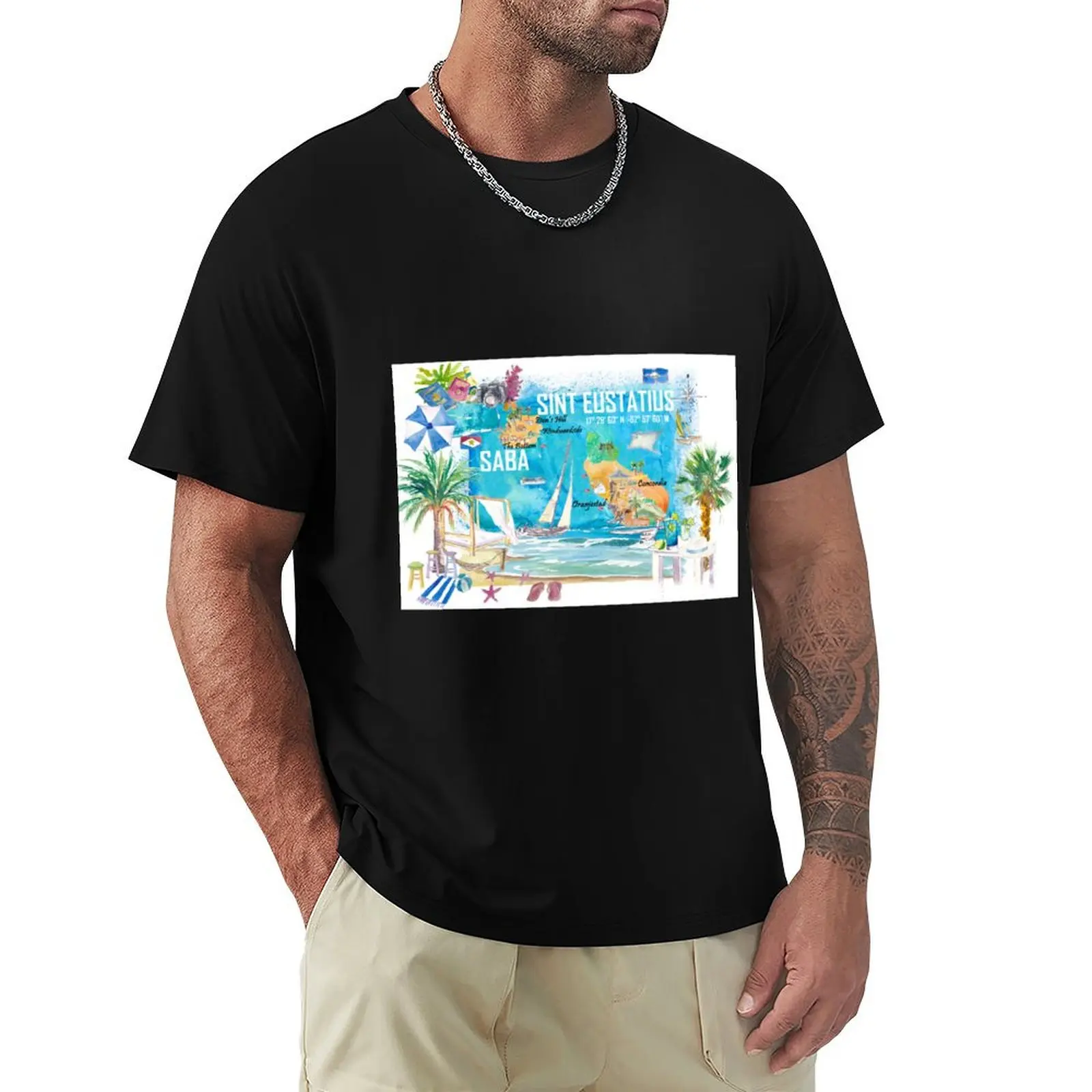 

Sint Eustatius and Saba Dutch Caribbean Island Illustrated Travel Map with Tourist Highlights T-Shirt