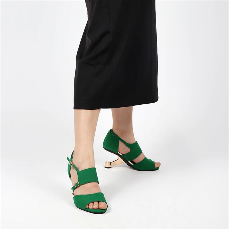 Green sandals buckle straps round peep toe 8.5cm super high strange heel black green concise pure color work party lady HL432