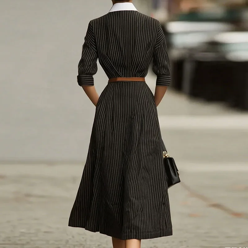 우아한 스트라이프 프린트 라펠 칼라 셔츠 드레스 패션 배색 포켓 롱 드레스 캐주얼 긴팔 버튼 파티 드레스