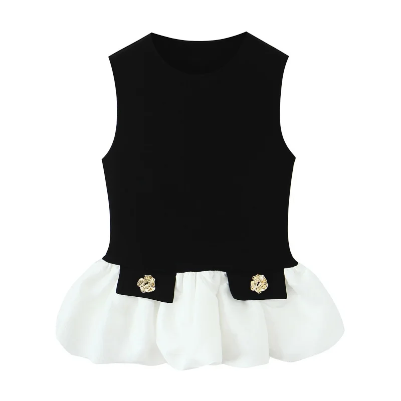 

Summer O-Neck Sleeveless Metal Button Patchwork Stretch Vest Top Women Fashionable Design Tank Top Female Elegant Casual Wear