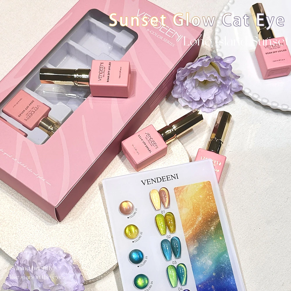 Vendeeni 6-Colors Set Sunset Glow Fine Glitter Ice Crystal Cat Eye Gel Nail Polish Gold Orange Magnetic Varnish With Color Card