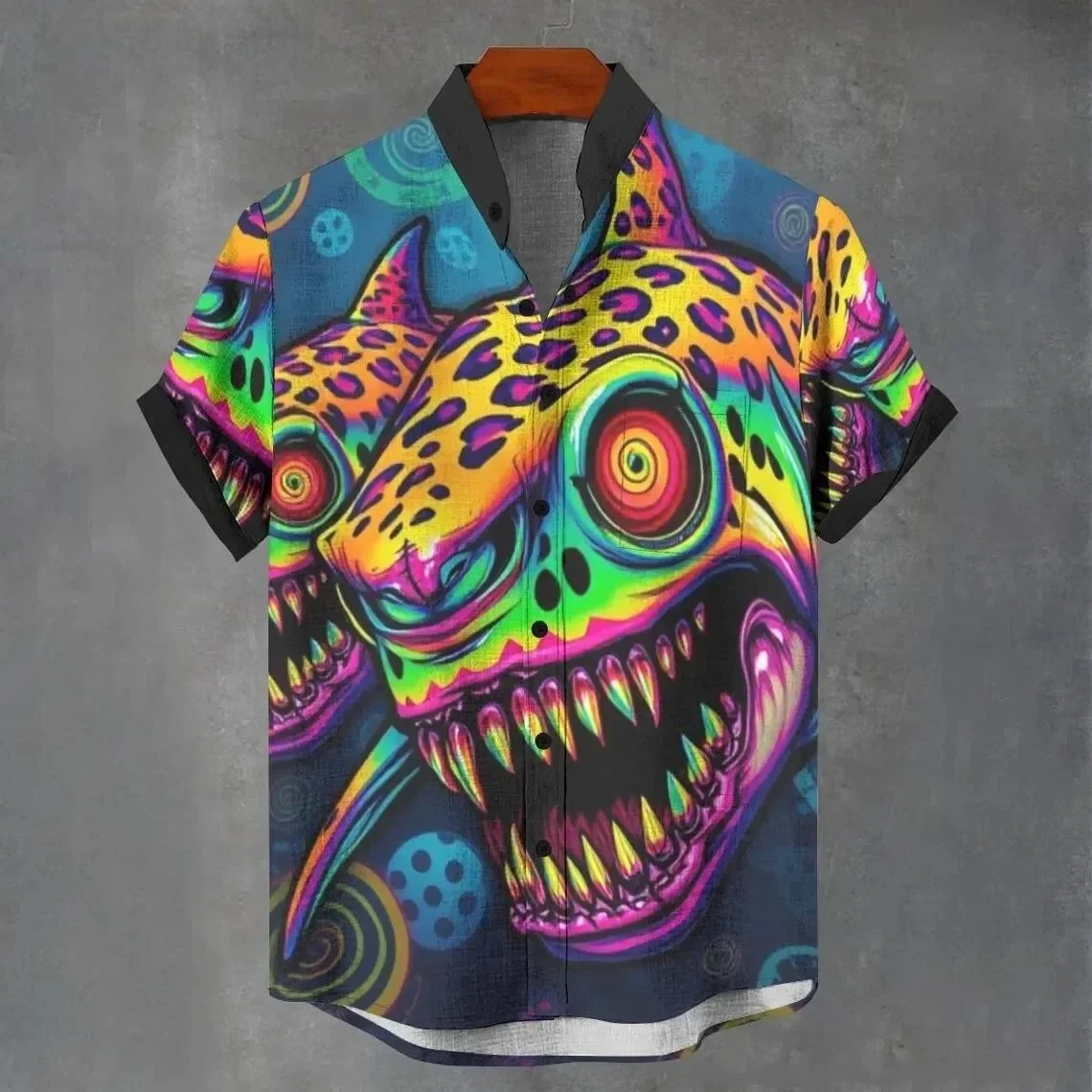 New Men's Beast Personalized Design 3D Printed Casual Short-sleeved Shirt Party Funny Fashion Button Top Outdoor Shirt