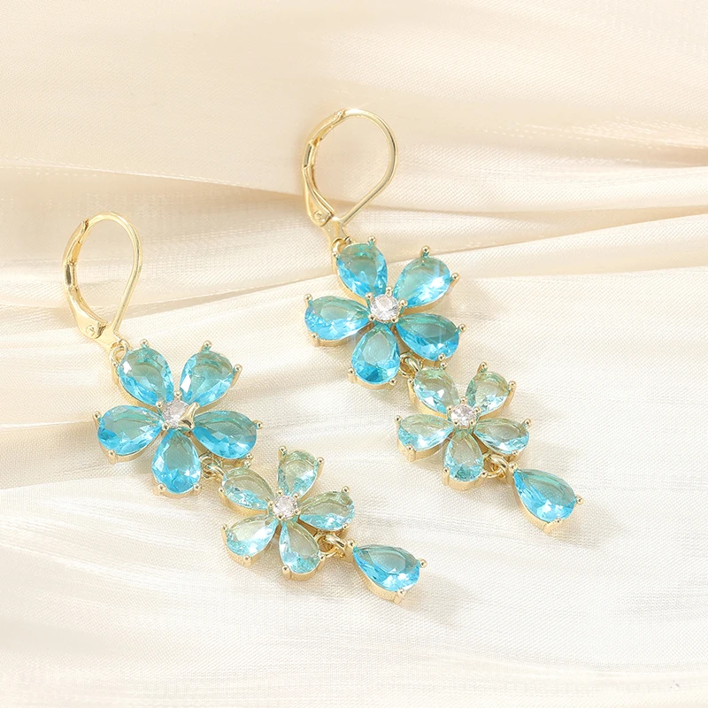 Fashion Delicate Shiny Blue Synthetic Zirconia Floral Drop Earrings for Women Luxury Temperament Anniversary Jewelry Accessories