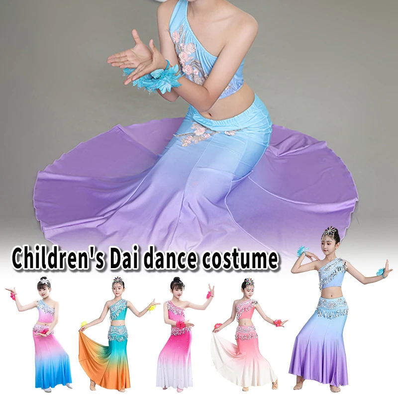 Girls Chinese Folk Dance Peacock Costume Elastic Dai Dance Dress for Kids School Performance Competition Stage Outfit