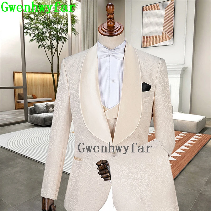 

Gwenhwyfar Handsome Embossing Groomsmen Shawl Lapel Groom Tuxedos Men Suits Wedding Prom Dinner Best Man (Jacket+Pants+Vest）