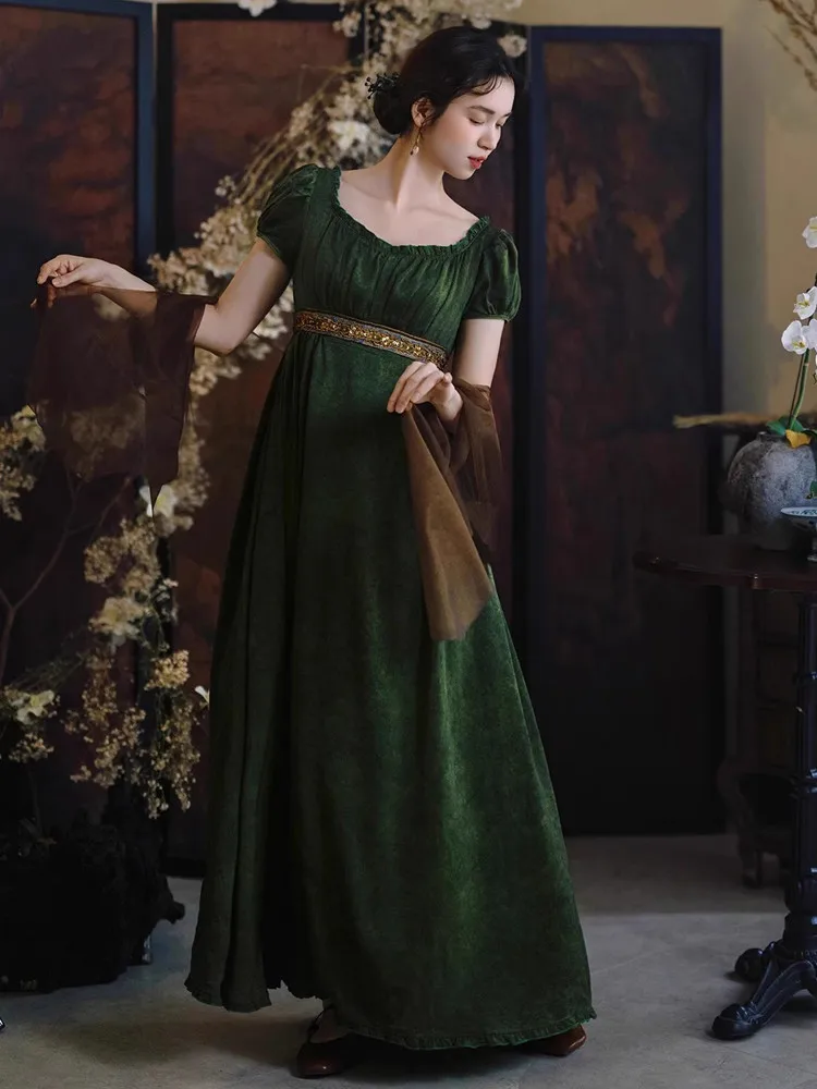 84-96cmBust Green Maxi Dress Women Vintage Court-Style Dress Elegant Slim Square Neck Beadings Sequins High Waist Imperial Dress