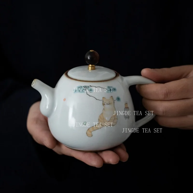 280ml Cat Pine Scene Crackle Glaze Ceramic Teapot Wooden Knob Lid Tea Brewing Kettle for Kung Fu Tea Table Display Decor