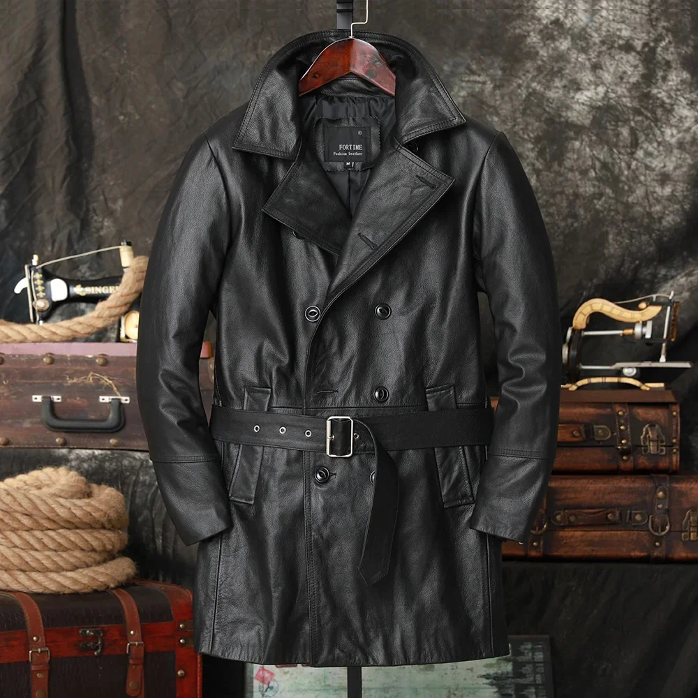 2025 Black Long Casual Style Cowhide Lapel Windbreake Men's Leather Jacket Natural Calf Skin Thick Double Breasted Men Clothing