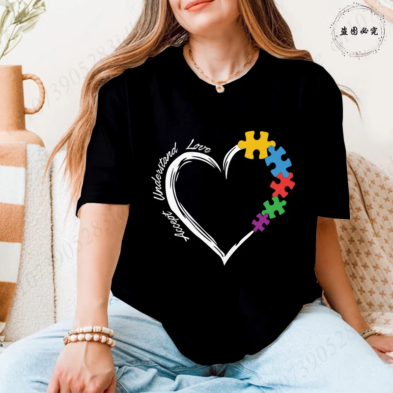 Autism Awareness T Shirt for Women Heart Puzzle Graphic Tops Love Educate Support Advocate 2026 Summer Aesthetic Female Clothing