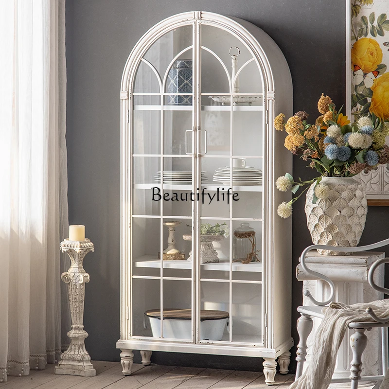 12French retro wine cabinet solid wood against the wall household storage multi-layer white arched bookcase