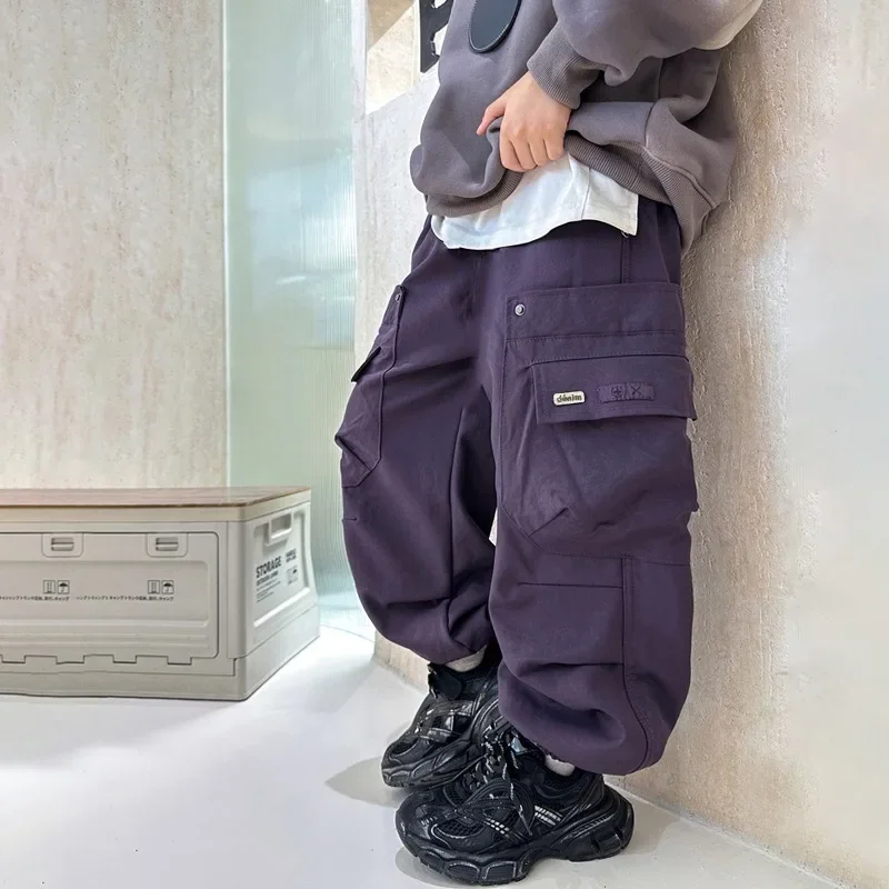 Children's Purple Integrated Velvet Trousers 2024 Winter New Personalized Large Pocket Pleated Casual Pants Boys Pants