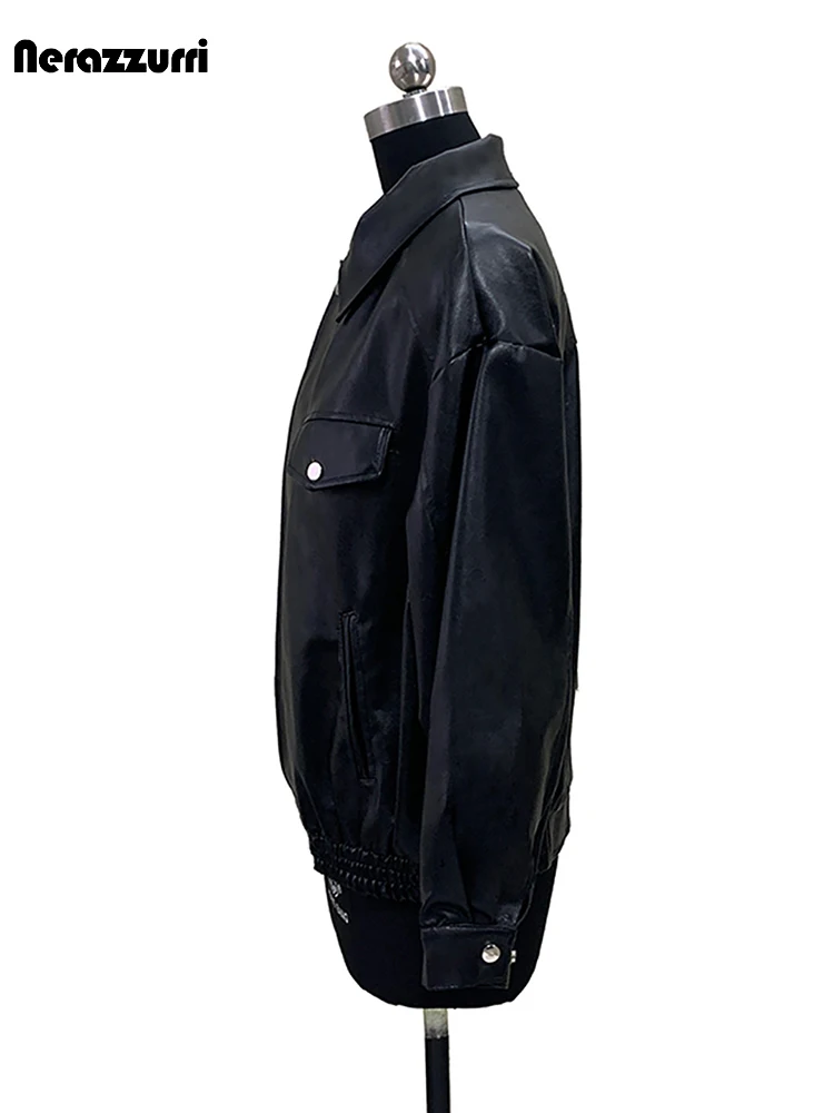 Nerazzurri Spring Autumn Short Black Soft Pu Leather Jacket Women Elastic Waist Zipper Casual Loose American Vintage Clothes
