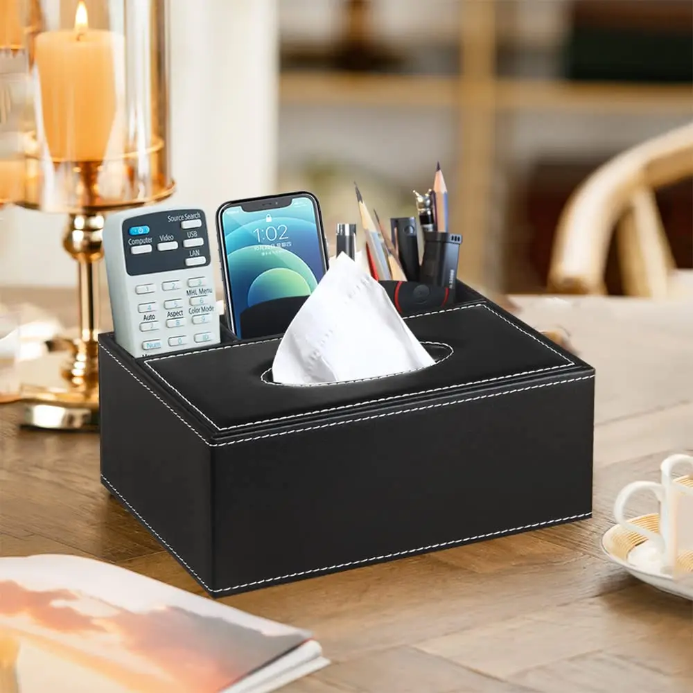 Multifunctional Tissue Box with Stationery Remote Control Box, Decorative Tissue Pen Remote Organizer for Home/Office/Restaurant