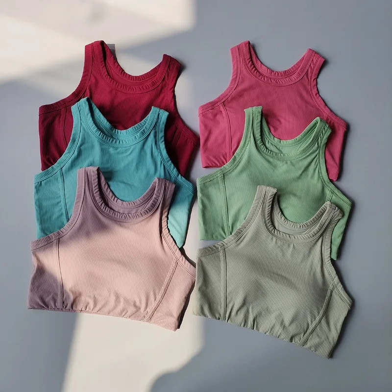 新ハイインパクトフィットネスヨガブラ スーパーストレッチ ラウンドネック ジムクロップトップ リブ生地 ノースリーブ ランニングベスト レディース スポーツウェア