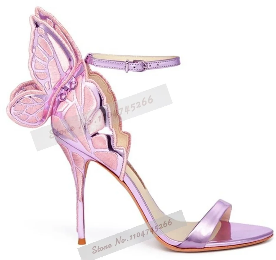 Elegante rosa bestickte Schmetterlingsflügel-Sandalen, metallisch glänzend, matt, High-Heel-Kleiderschuhe, schmales Band, Partyschuhe